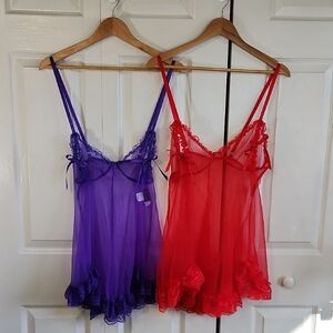 Lot Of 2 Dreamgirl Sheer Lace Chemise Lingerie Size LG Open Cup Babydoll Bow